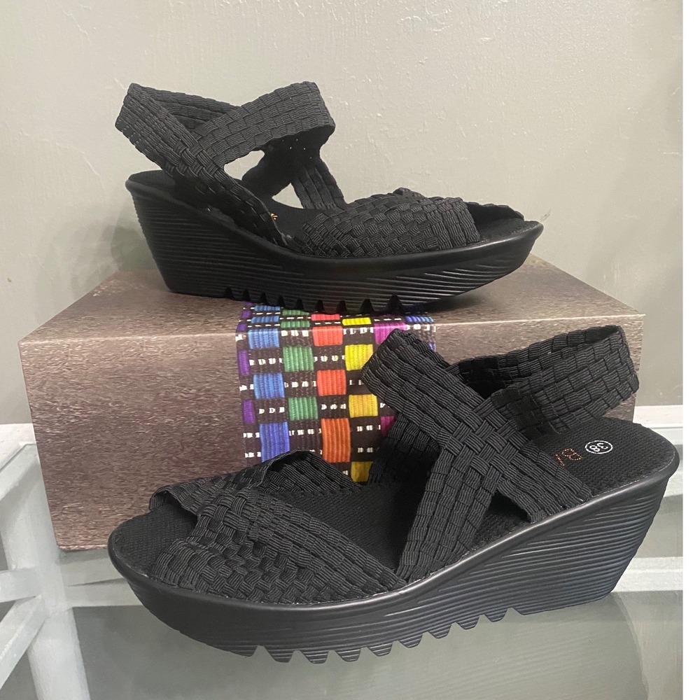 Bernie Mev Fame Black Woven Elastic Platform Wedge Sandals Women 7